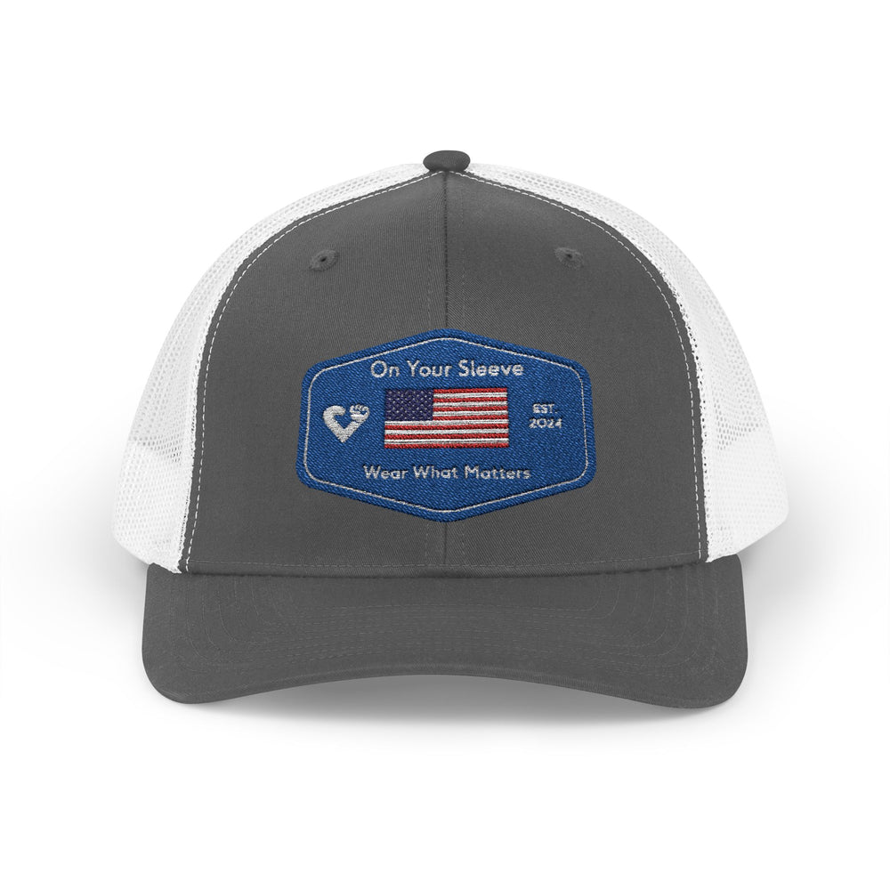 On Your Sleeve Loves America - Flag on Blue Trucker Hat | Snapback Trucker Cap | Outdoor Adventure Hat, Gift for Nature Lovers, Casual Style, Everyday Wear, Camping Accessory