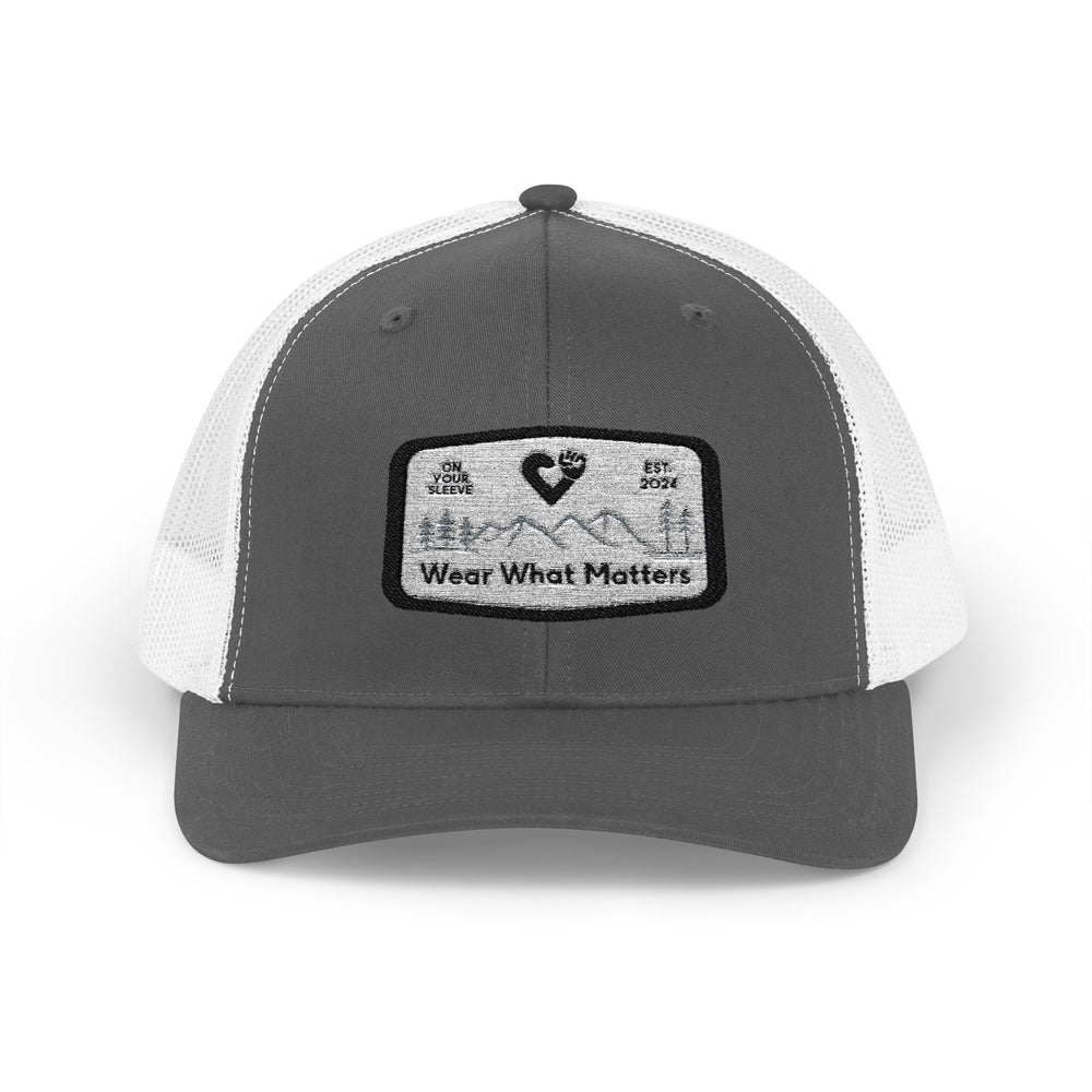 Wear What Matters- On Your Sleeve Mental Health Awareness Snapback Trucker Cap | Outdoor Adventure Hat, Gift for Nature Lovers, Casual Style, Everyday Wear, Camping Accessory